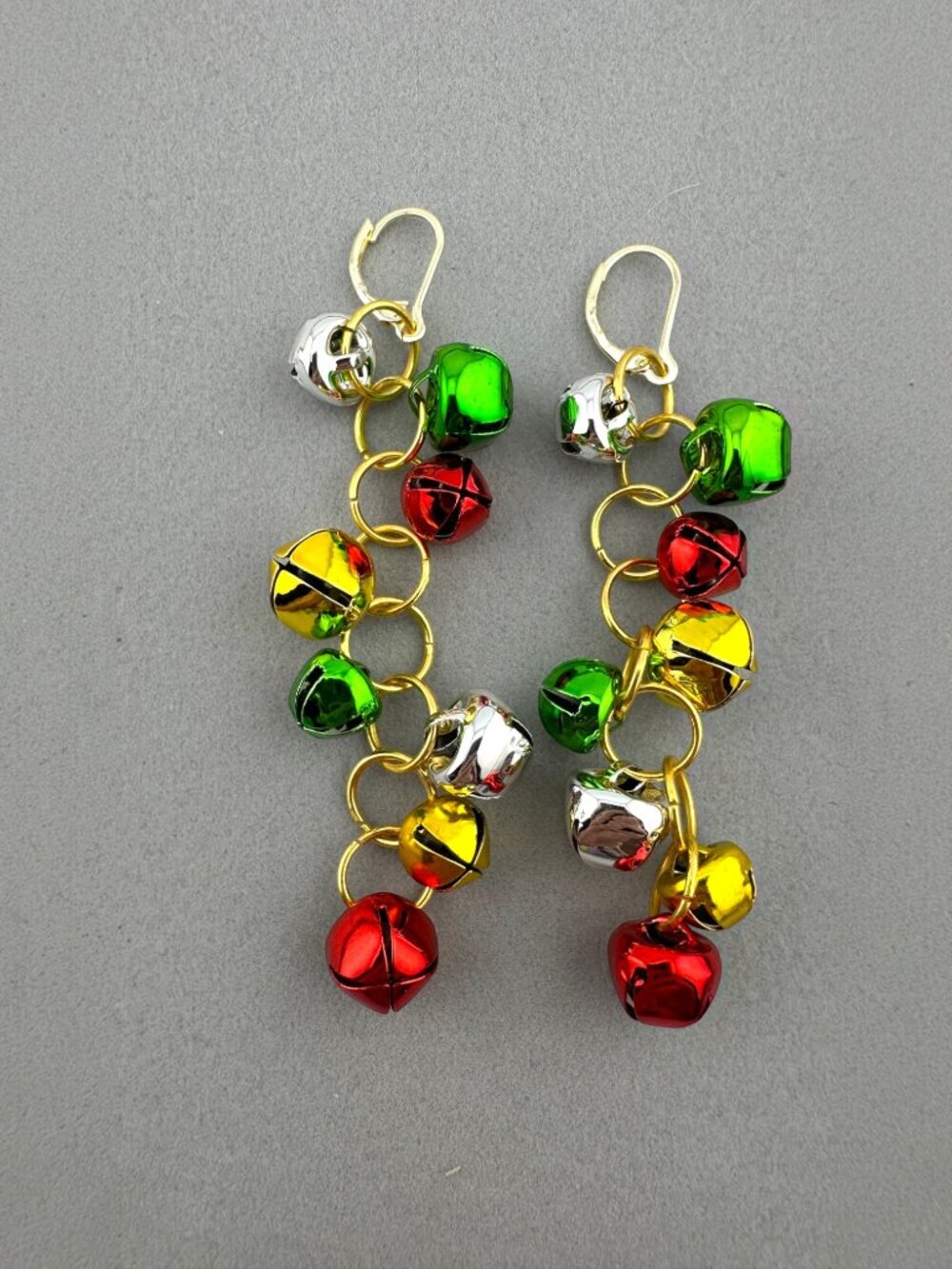 Christmas Jingle Bell Earrings Red Green Gold Silver 3" Holiday Dangle